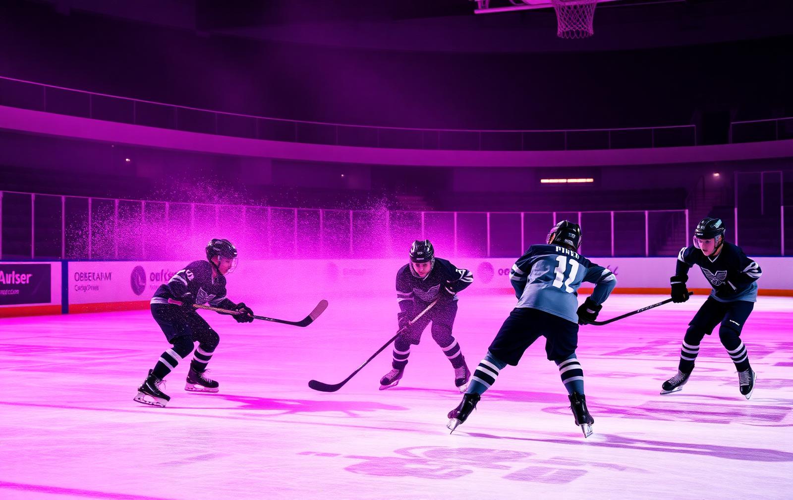 Youth ice hockey players in a rink drill