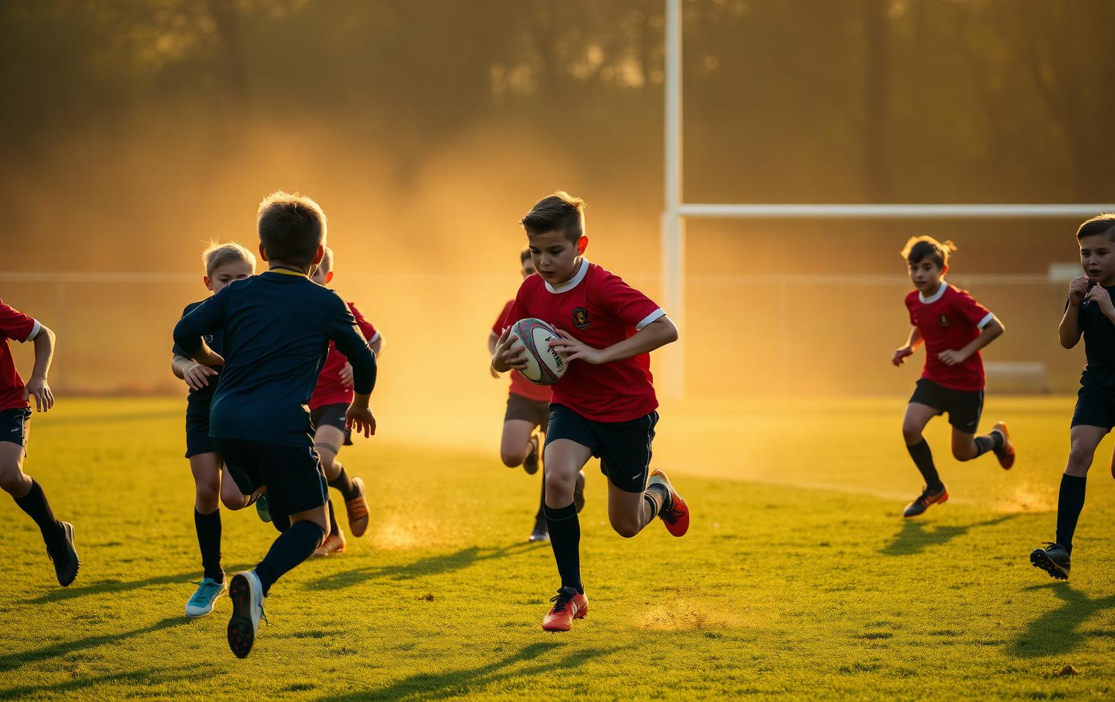 Youth rugby team running a passing drill at sunset